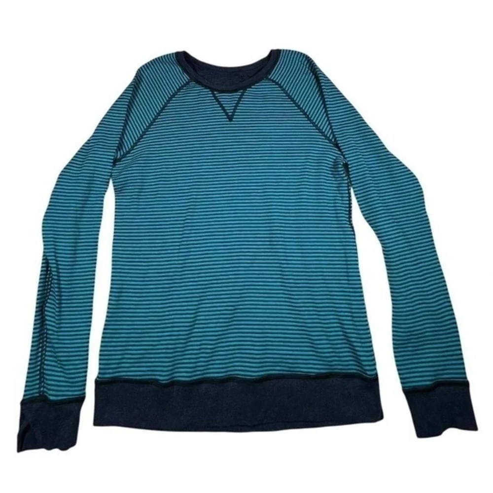 Lululemon‎ Reversible Striped Teal Black & Heathered Navy Long Sleeve Top 10 EUC